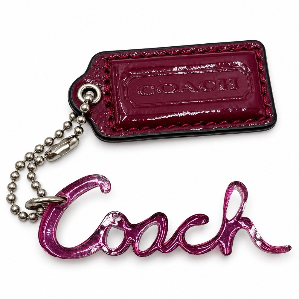 Coach Poppy Pink Acrylic Script Logo Bag Charm Patent Leather Hangtag Y2K